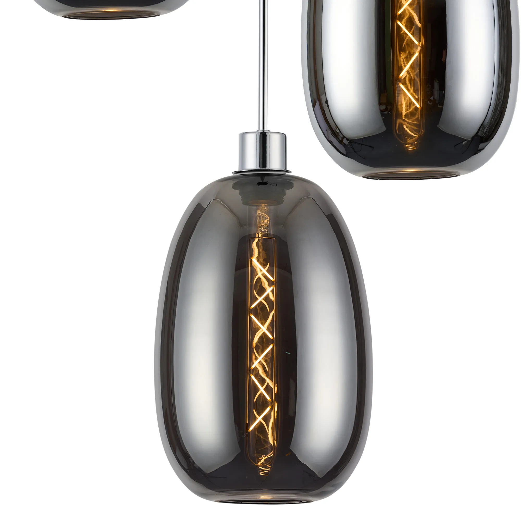 Lori 40cm Round Pendant, 3 Light Adjustable E27, Polished Chrome/Chrome/Smoke Slim Curved Trapezium Shades DK1270  Deco Lori Polished Chrome